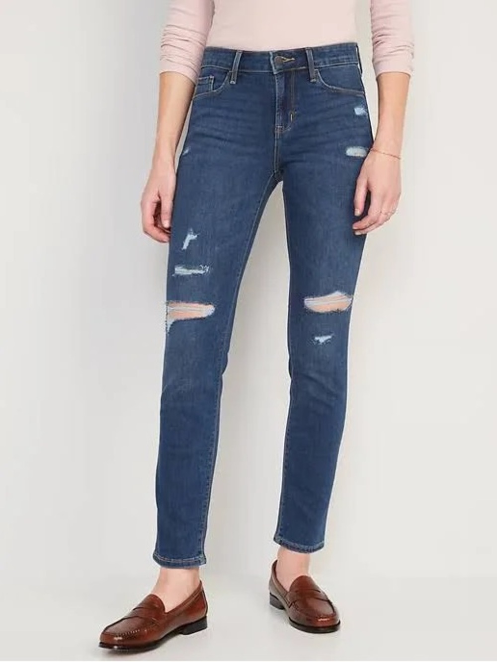 Old Navy 12 tall power slim straight mid rise distressed blue stretch casual
